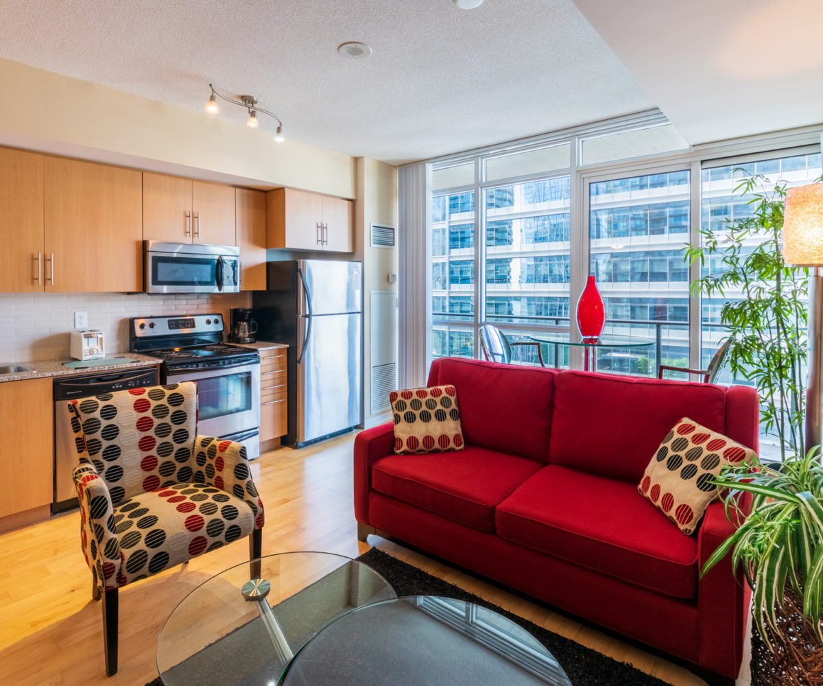 Suite for Rent at Maple Leaf Square Downtown Toronto. Living Room Kitchen