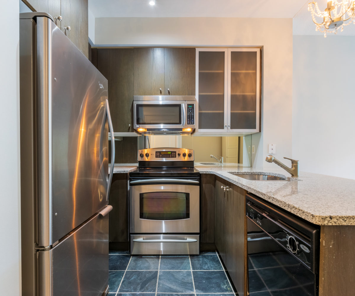 Rental Apartment Kitchen, Fridge, microwave, Sink, Dish washer