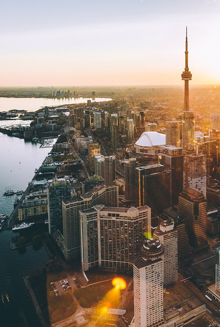 CN Tower, WaterFront, Sunset, Toronto City Buildings